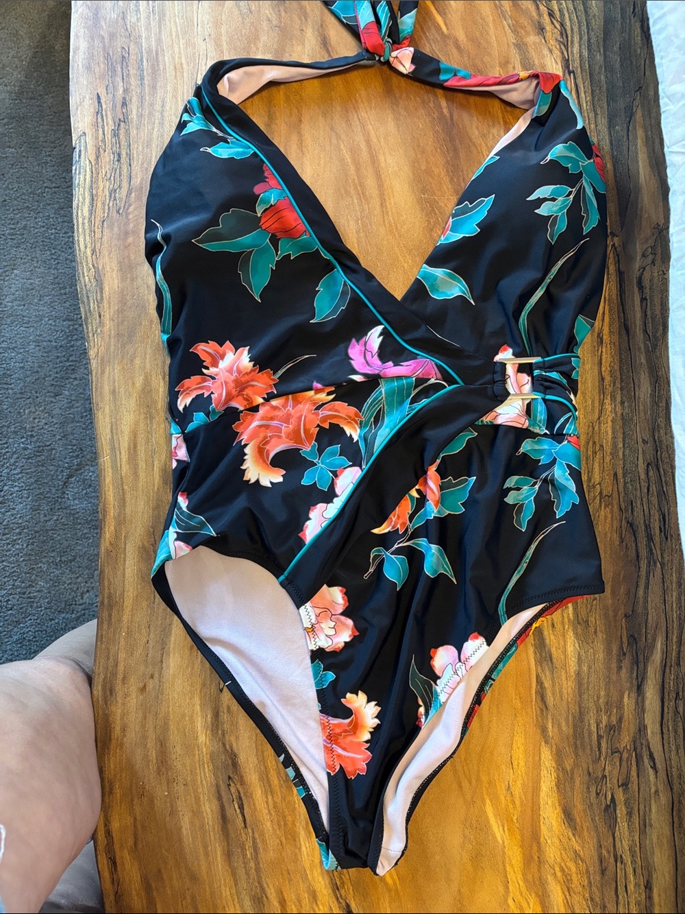 Black Floral One-Piece Swimsuit with Halter Neck